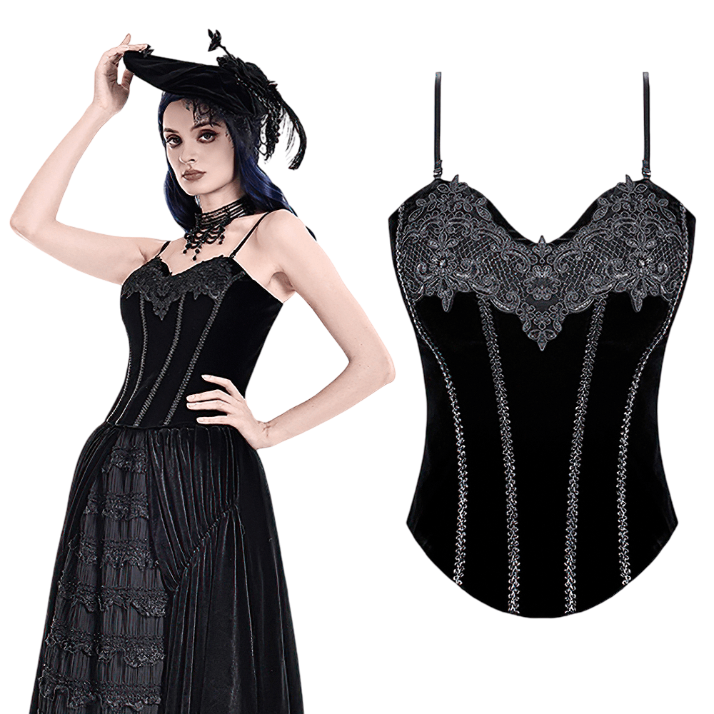 Lace Applique Corset Top with Adjustable Back Lacing black embroidered bustier with sweetheart neckline and shoulder straps