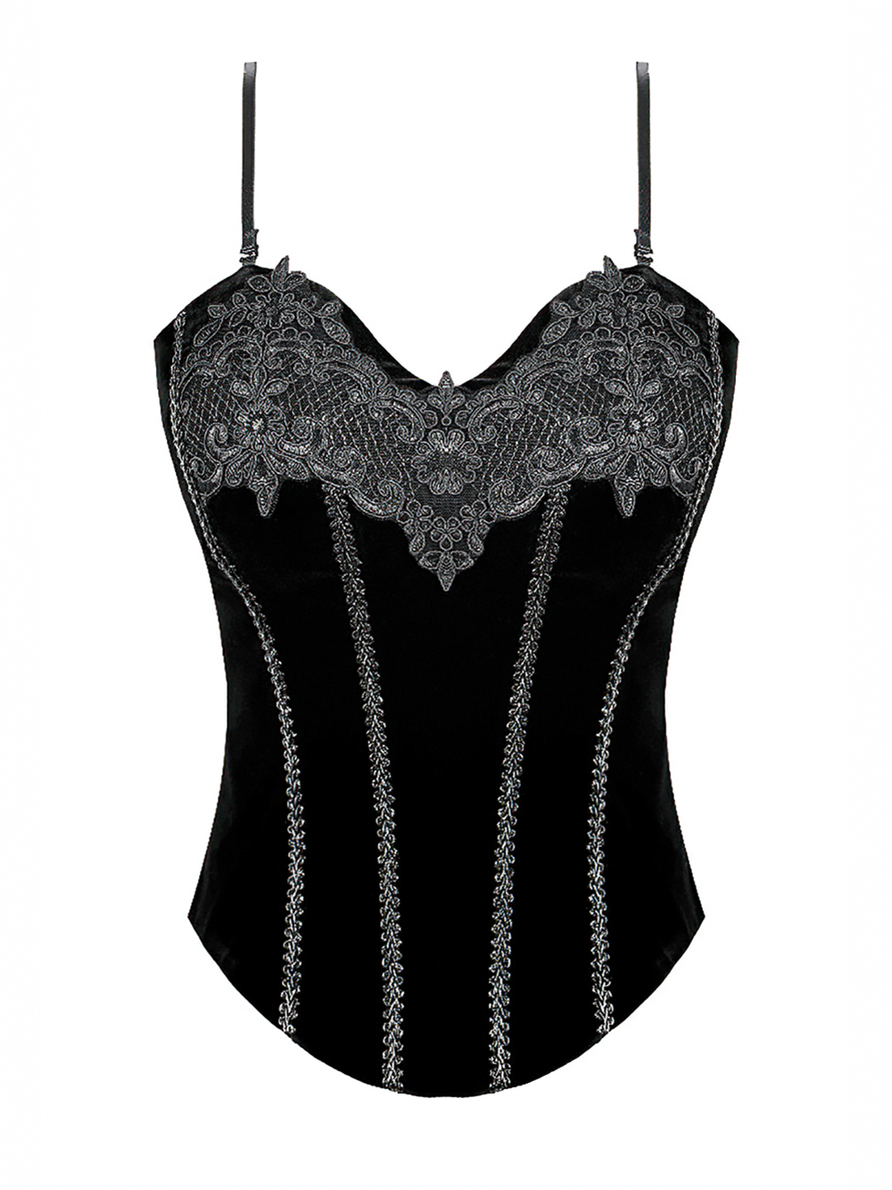 Lace Applique Corset Top with Adjustable Back Lacing black bustier with ornate embroidery, sweetheart neckline, and slim straps