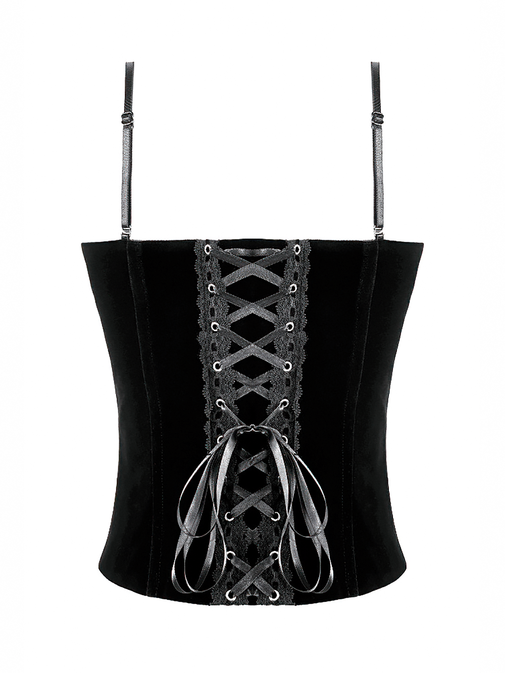 Lace Applique Corset Top with Adjustable Back Lacing black bustier with lace trim, adjustable straps and ribbon back lacing
