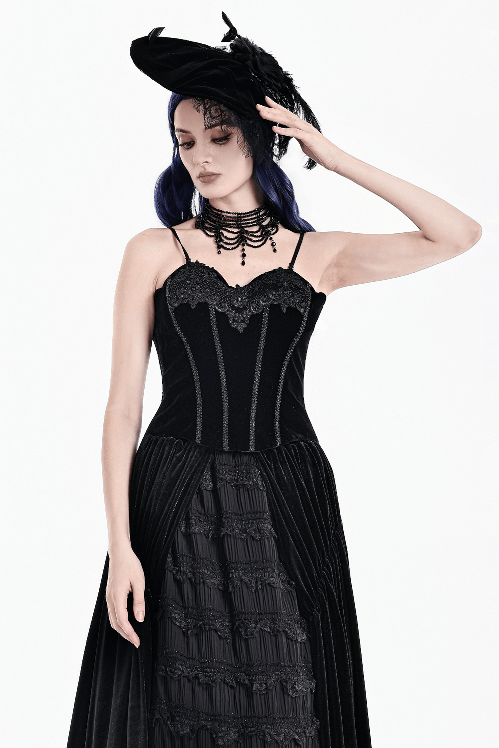 Lace Applique Corset Top with Adjustable Back Lacing, black embroidered bustier with lace trim and shoulder straps