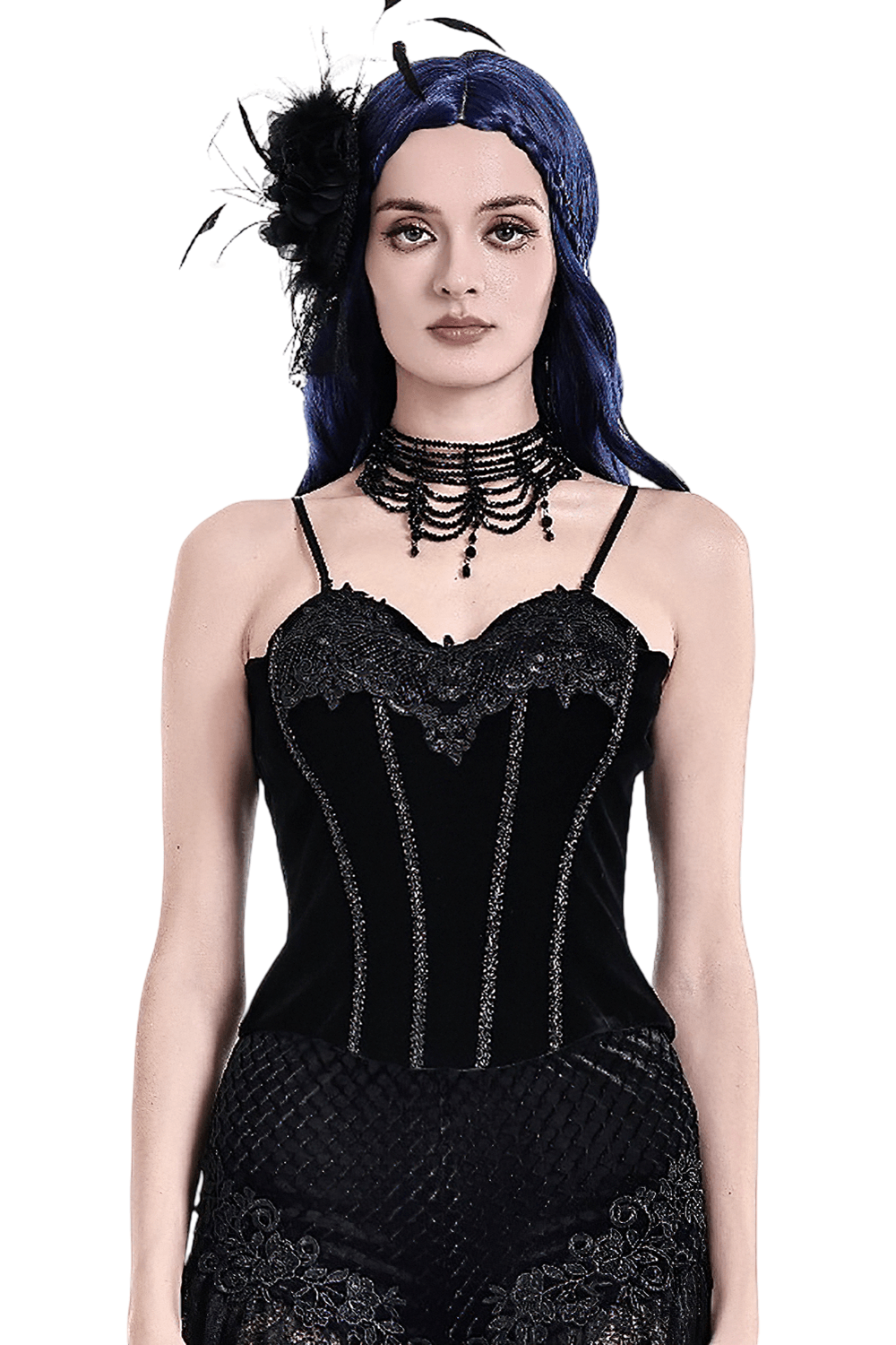 Lace Applique Corset Top with Adjustable Back Lacing, black embroidered bustier with lace neckline and straps