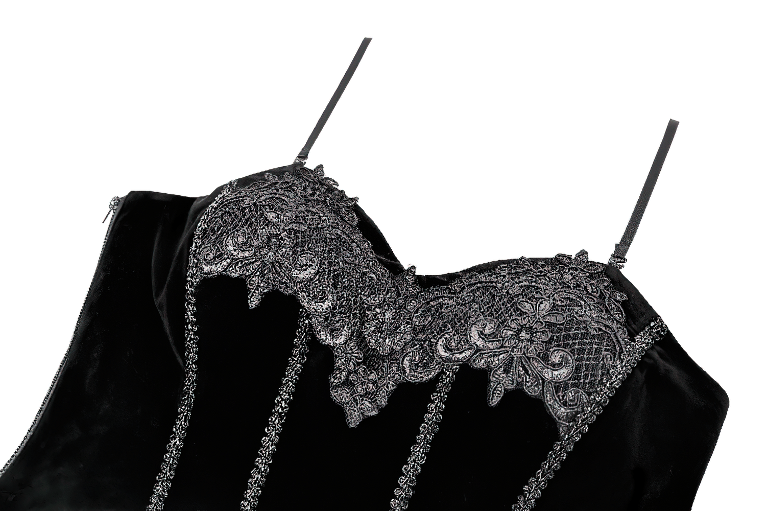 Lace Applique Corset Top with Adjustable Back Lacing black embroidered bustier with straps and sweetheart neckline