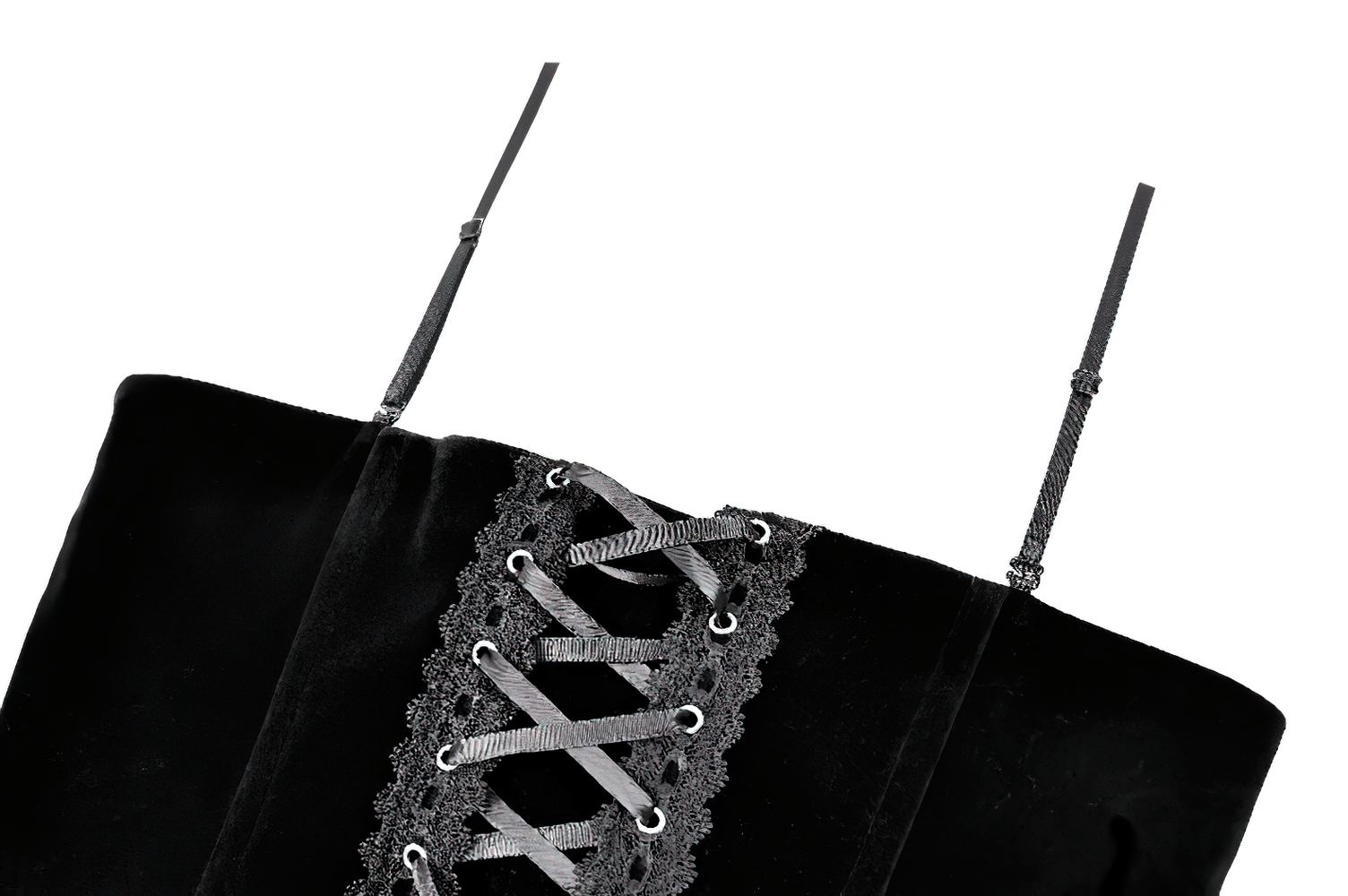 Lace Applique Corset Top with Adjustable Back Lacing black bustier with embroidered lace, shoulder straps, and crisscross ribbon lacing