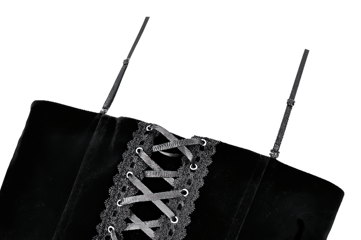 Lace Applique Corset Top with Adjustable Back Lacing black bustier with embroidered lace, shoulder straps, and crisscross ribbon lacing
