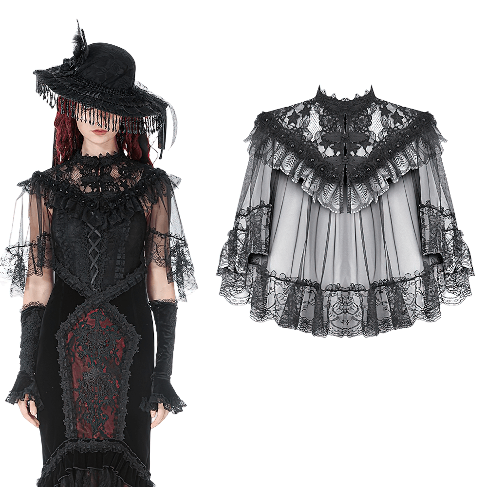 Lace Cape Shrug with High Neck and Rosette Trim shown on model, featuring intricate lace and sheer mesh design.