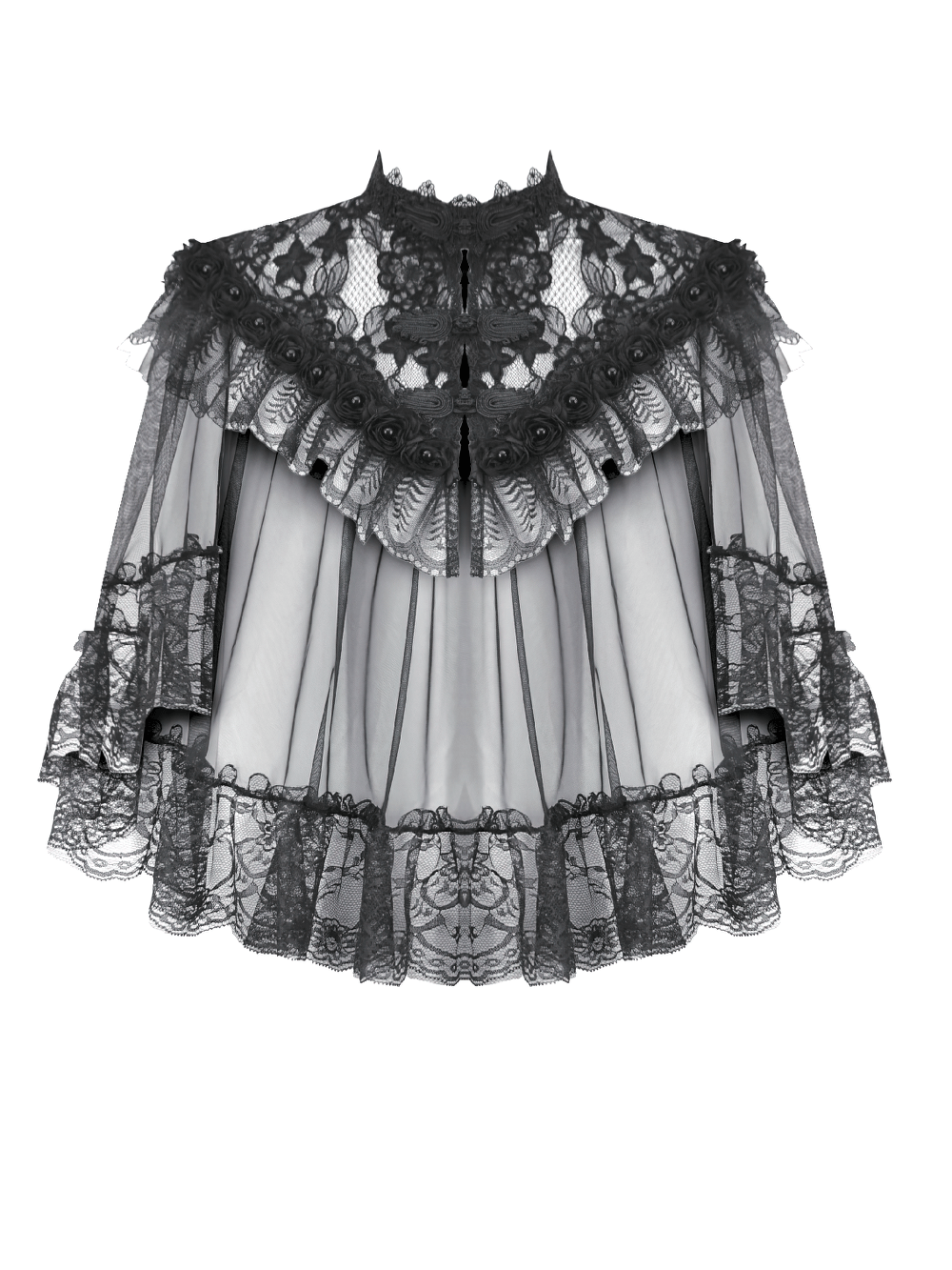 Lace Cape Shrug with High Neck and Rosette Trim featuring sheer mesh and ornate lace details.