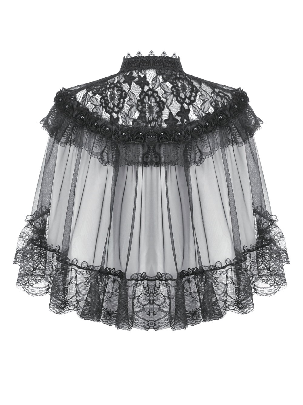 Lace Cape Shrug with High Neck and Rosette Trim featuring ornate lace and sheer mesh for a gothic look.