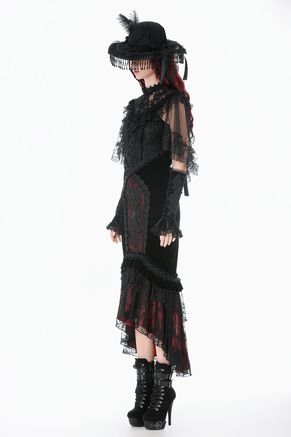Lace Cape Shrug with High Neck and Rosette Trim paired with a gothic black dress and hat, showcasing Victorian style.