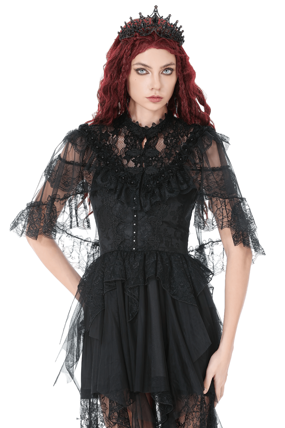 Model wearing a Lace Cape Shrug with High Neck and Rosette Trim, showcasing dramatic gothic lace details.