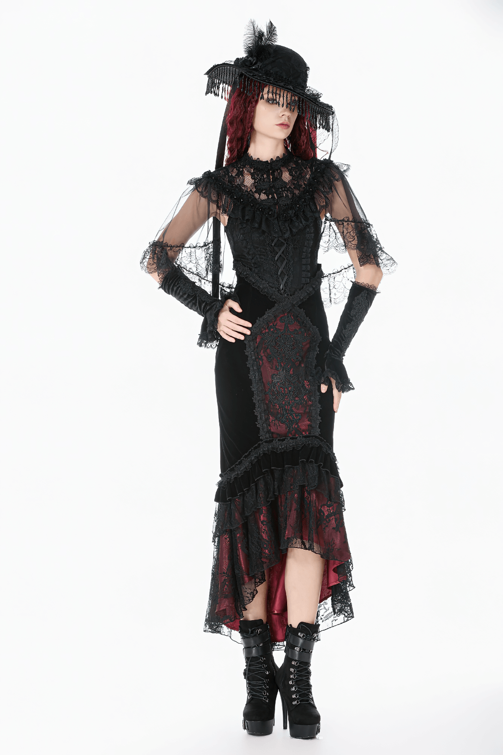 Lace Cape Shrug with High Neck and Rosette Trim worn over a gothic attire, showcasing sheer mesh and intricate lace details.