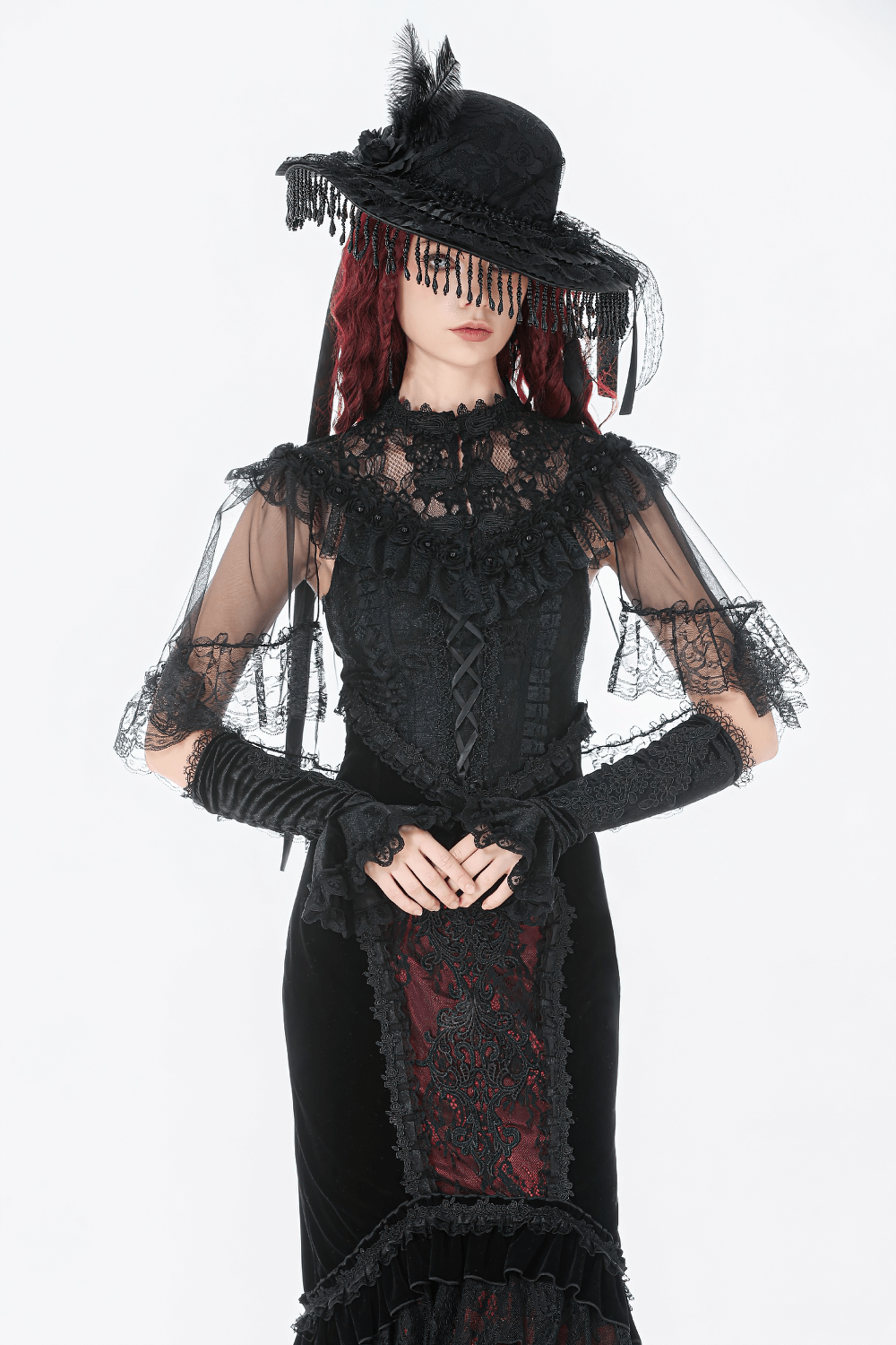 Lace Cape Shrug with High Neck and Rosette Trim styled with gothic accessories and elegant details.
