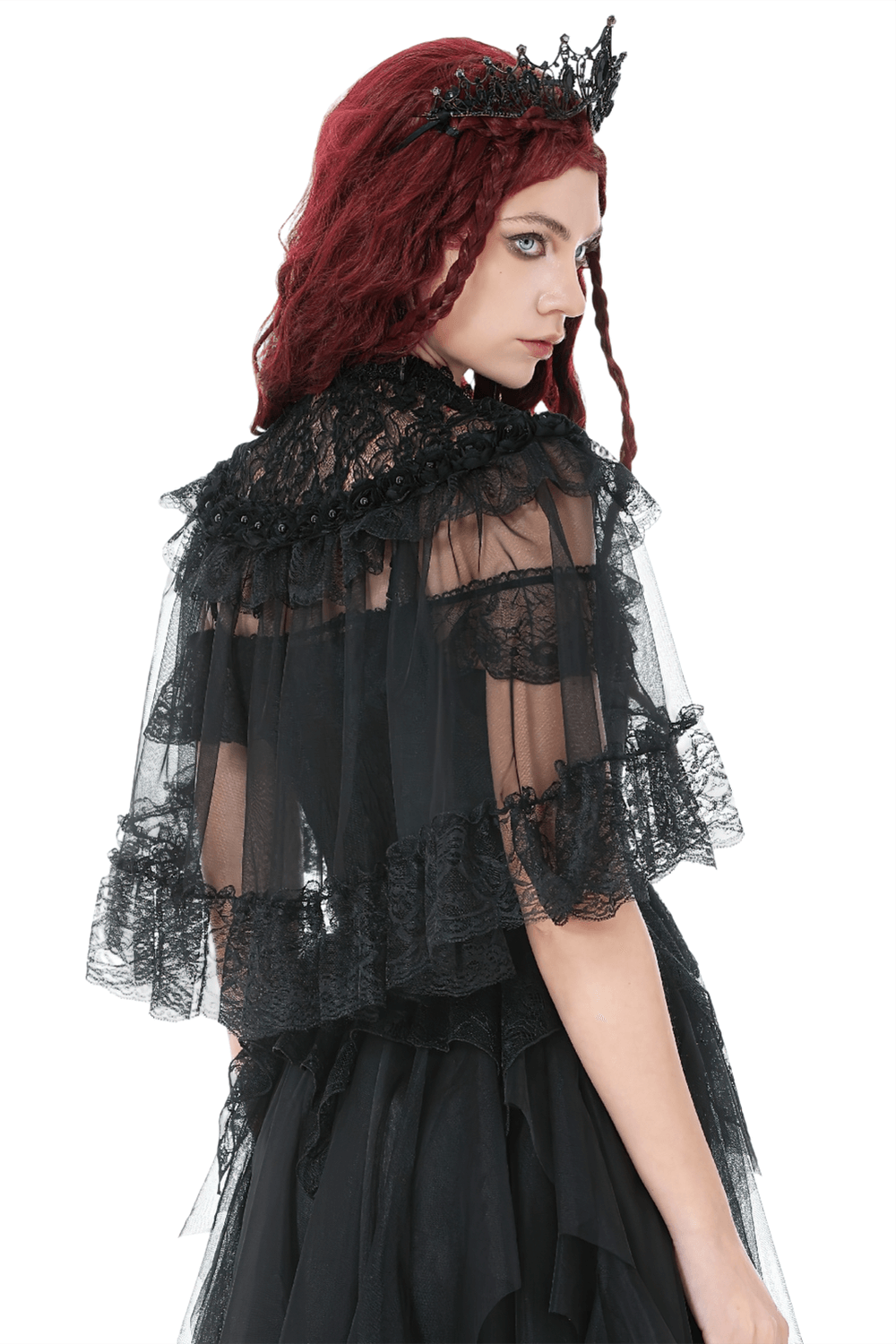 Lace Cape Shrug with High Neck and Rosette Trim, featuring sheer mesh, lace yoke, and romantic ruffled details.
