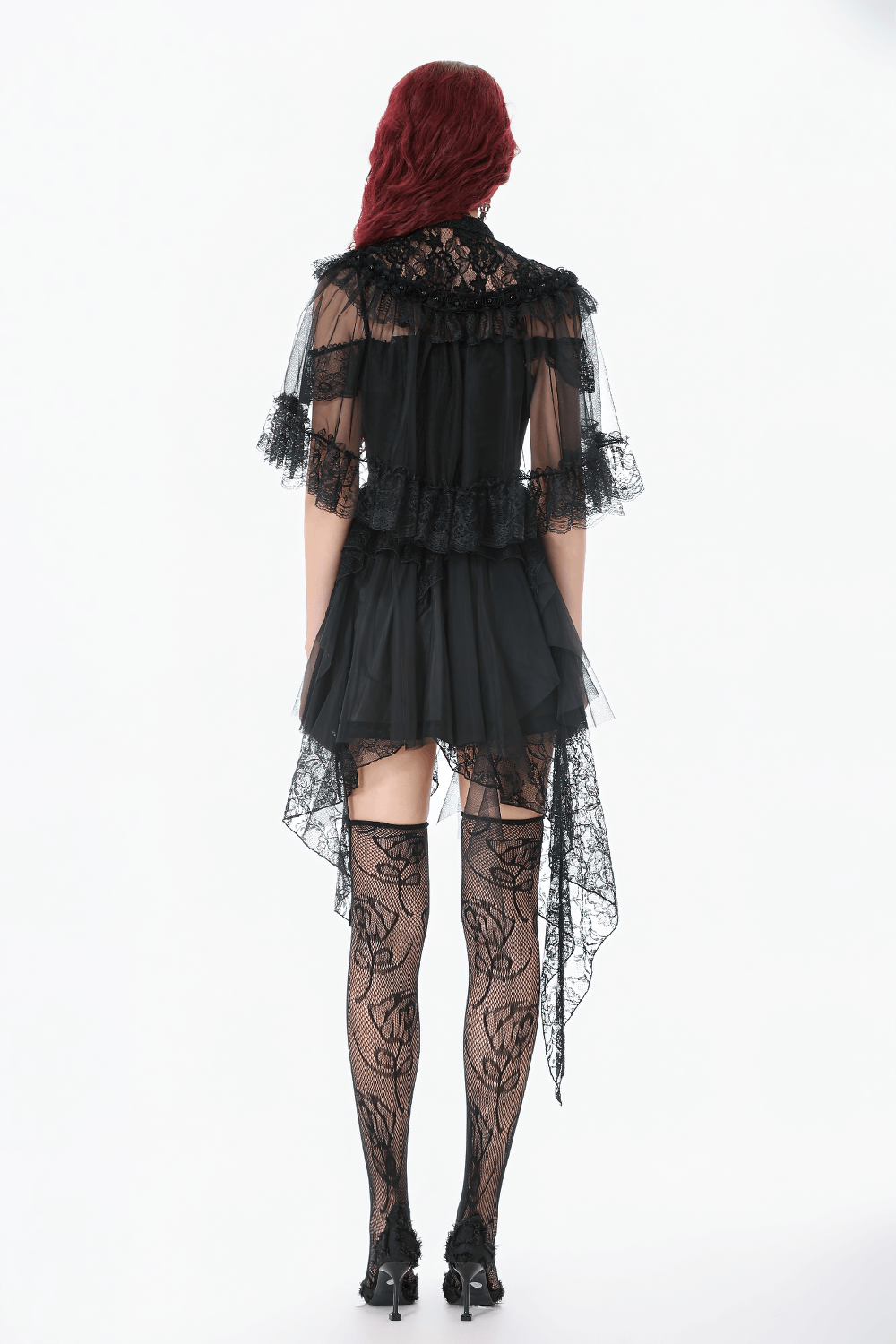 Lace Cape Shrug with High Neck and Rosette Trim displayed on model, showcasing sheer mesh and floral details.