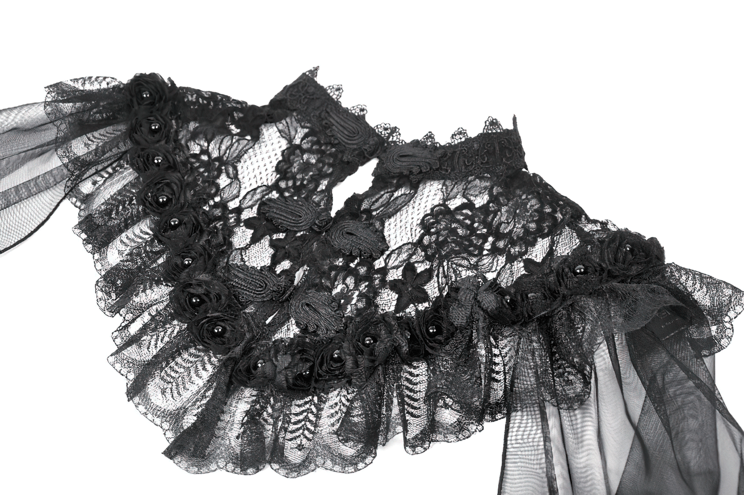 Lace Cape Shrug with High Neck and Rosette Trim featuring black lace and floral appliques.