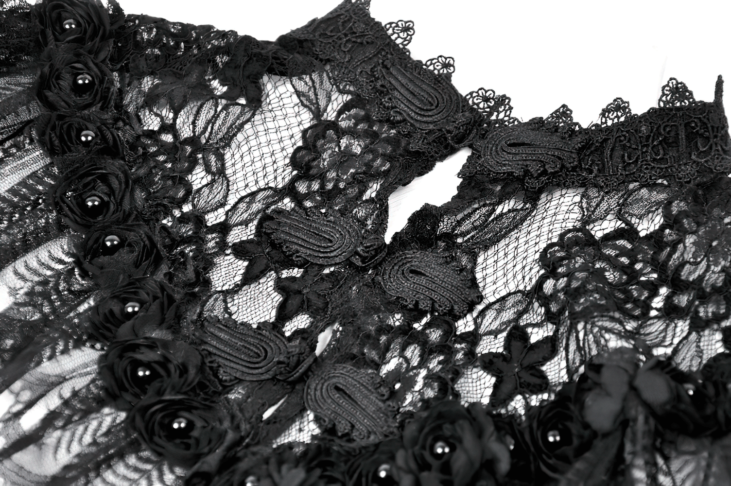 Lace Cape Shrug with High Neck and Rosette Trim featuring intricate black lace and floral appliques.