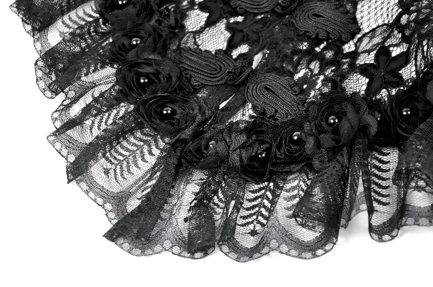 Lace Cape Shrug with High Neck and Rosette Trim featuring intricate black lace and rosette details.