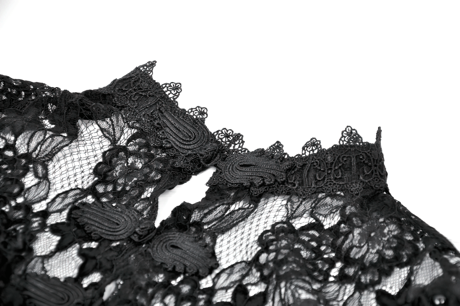 Lace Cape Shrug with High Neck and Rosette Trim featuring intricate lace and floral applique details.