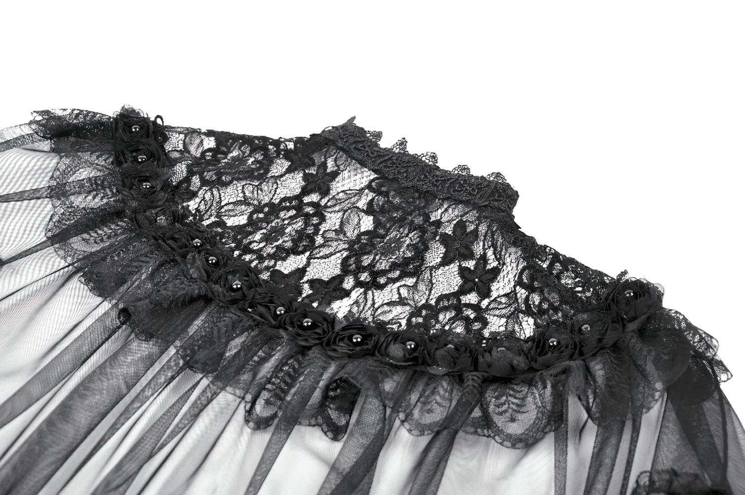 Lace Cape Shrug with High Neck and Rosette Trim featuring lace yoke and floral applique for a vintage gothic look.