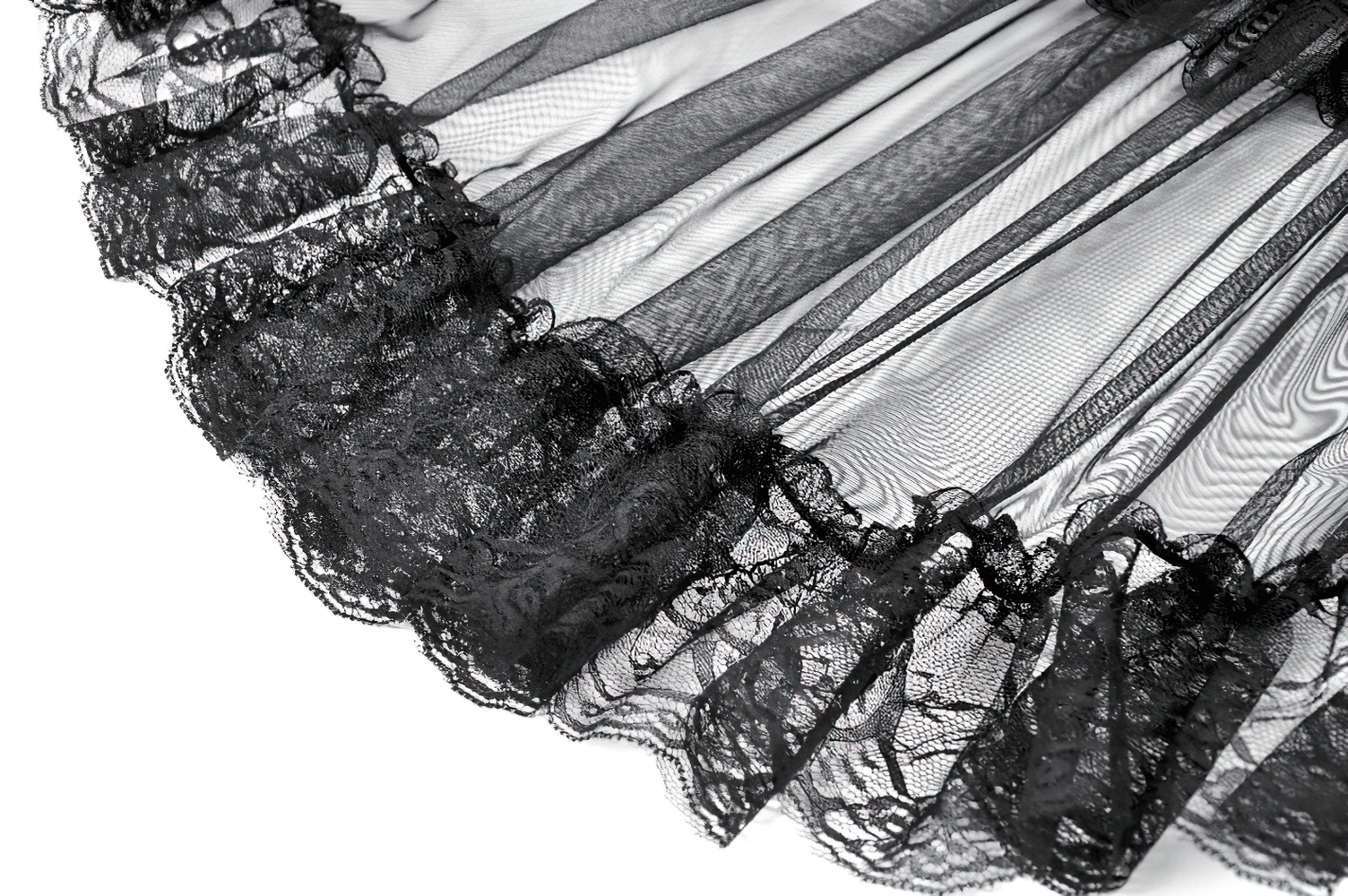 Close-up of the elegant scalloped lace hem of the Lace Cape Shrug with High Neck and Rosette Trim.