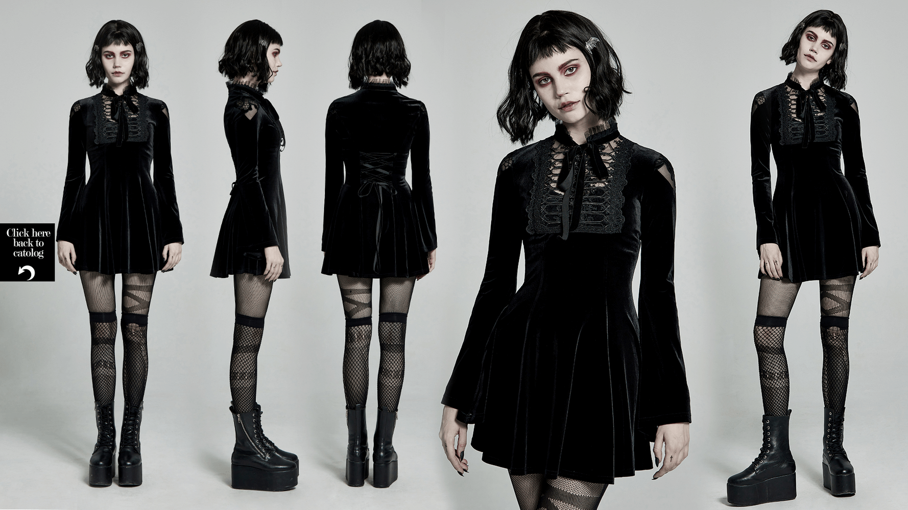 Gothic velvet flare dress with lace collar and micro-horn cuffs, perfect for punk-style fashion.