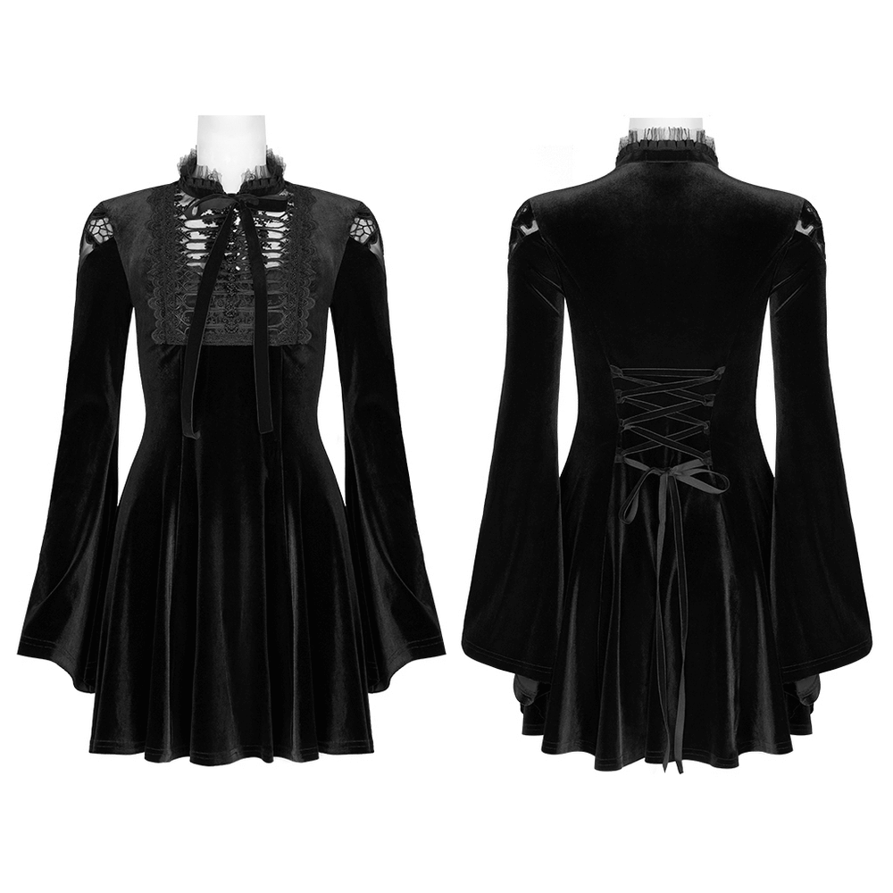 Front and back view of a Gothic velvet mini dress with lace collar and flared sleeves, perfect for punk-inspired fashion.