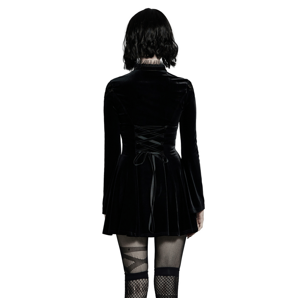 Back view of a Gothic velvet mini dress with lace-up detail, ideal for punk fashion and night outings.