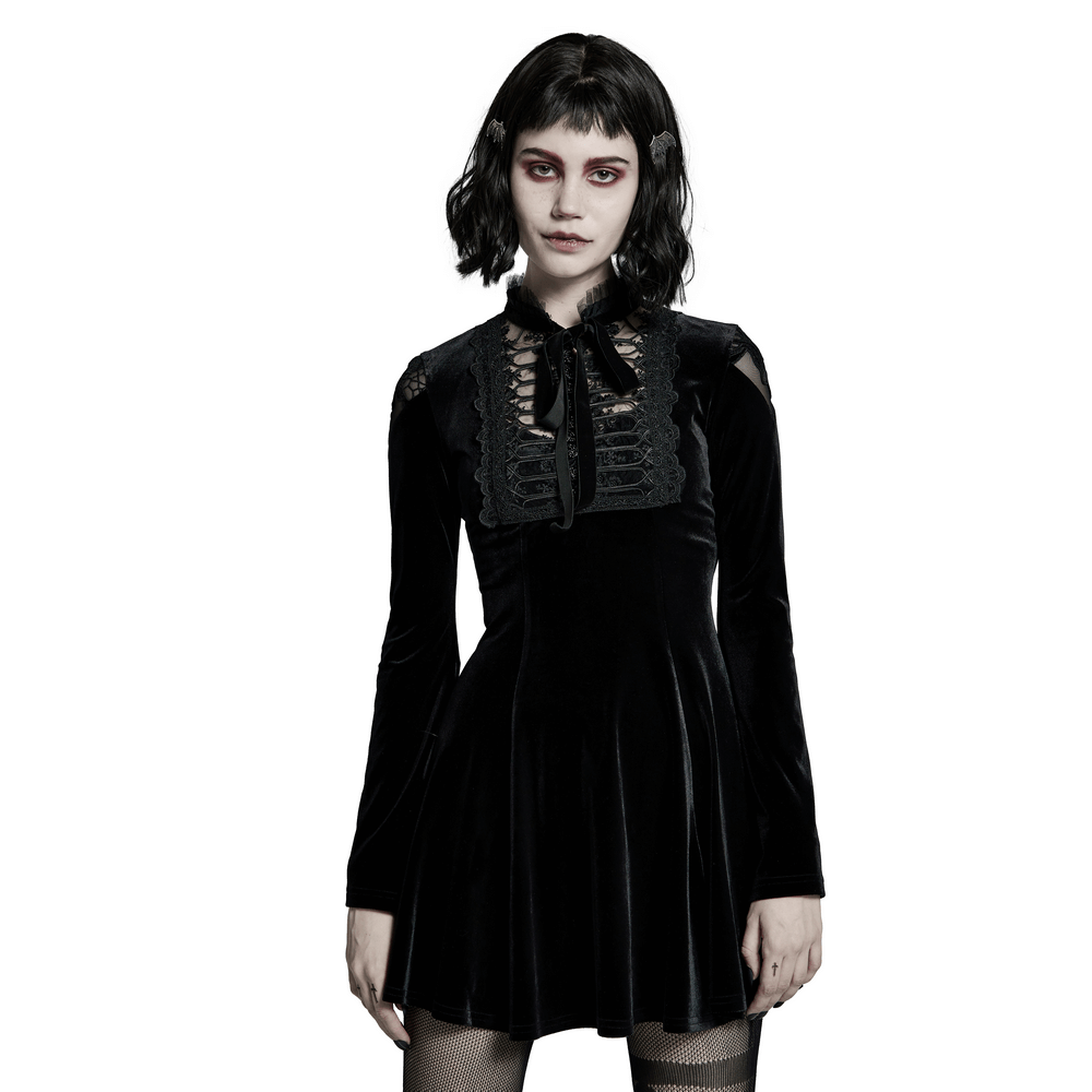 Gothic velvet flare dress with lace collar, featuring long sleeves and a stylish cut, perfect for a punk look.