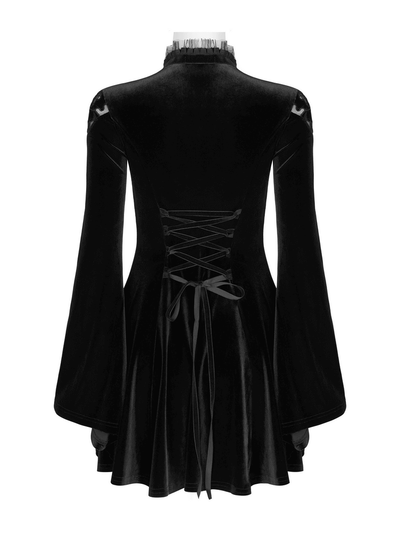 Back view of a black velvet Gothic flare dress with lace-up detail and long bell sleeves.
