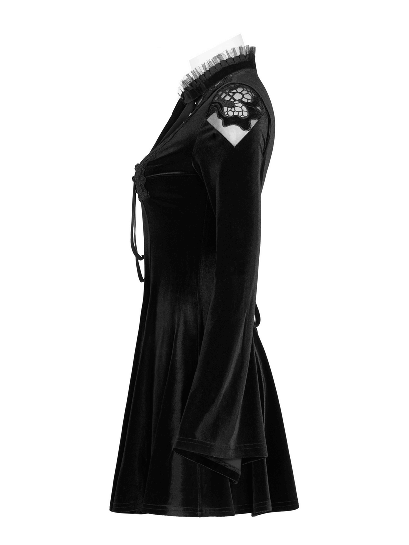 Lace collar velvet gothic flare dress with micro-horn cuffs and a retro decal shoulder design.