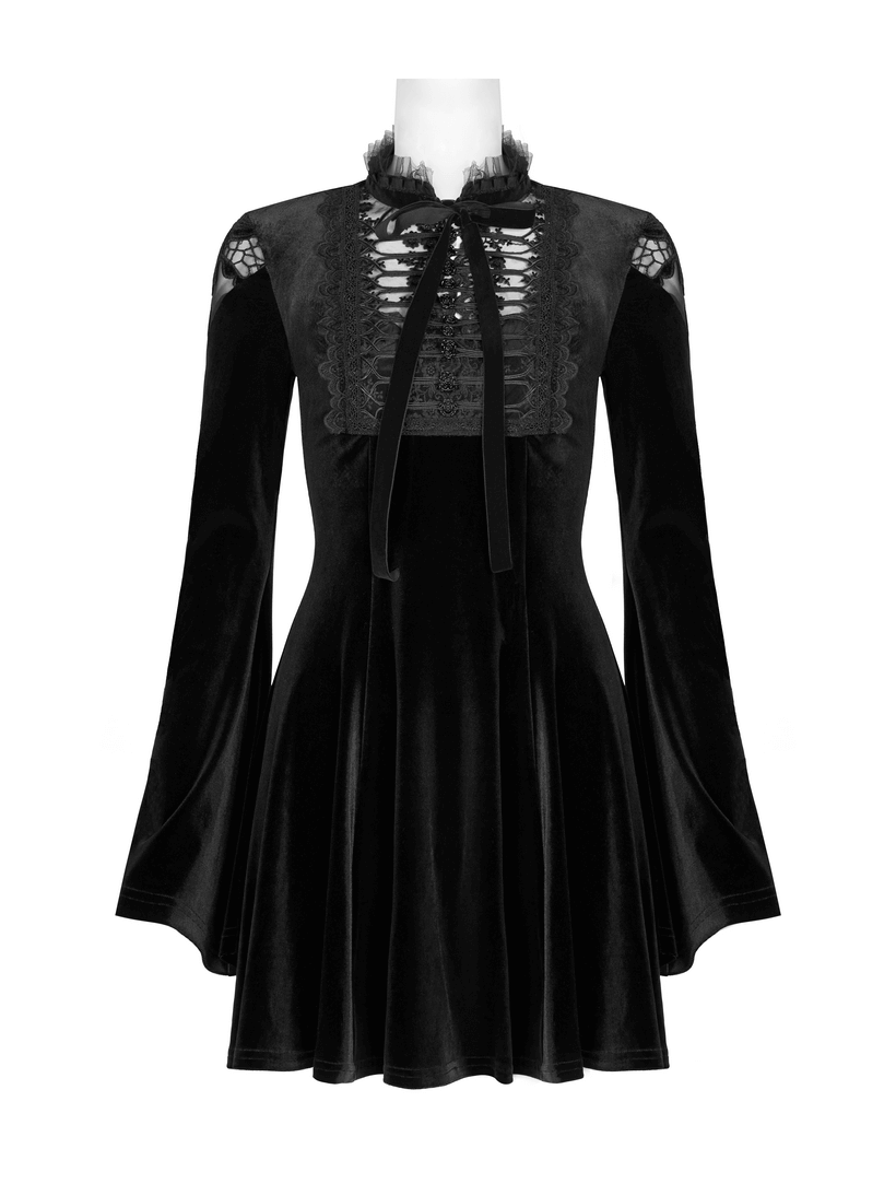 Gothic black velvet flare dress with lace collar, micro-horn cuffs, and retro shoulder design, perfect for clubbing.