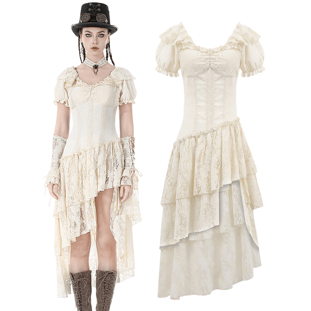 Lace Corset Dress with Puff Sleeves and Tiered Skirt featuring elegant ivory lace and whimsical puff sleeves.