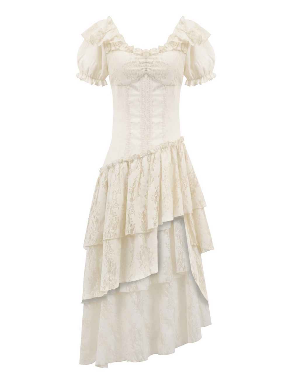 Lace Corset Dress with Puff Sleeves and Tiered Skirt showcasing romantic ivory lace and elegant puff sleeves.