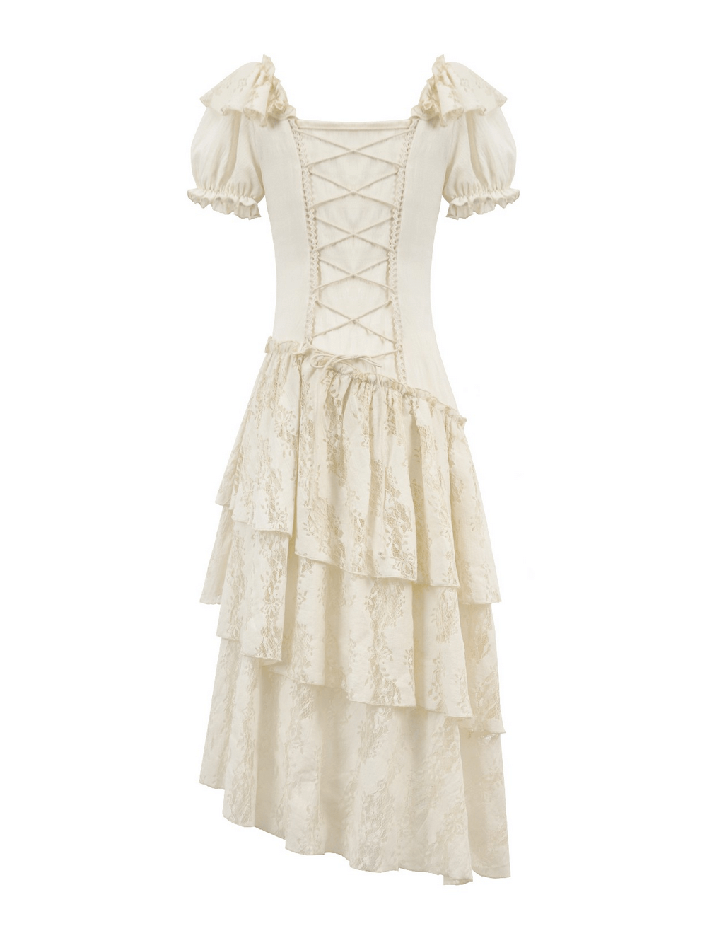 Lace Corset Dress with Puff Sleeves and Tiered Skirt featuring an elegant lace-up back and cascading lace layers.