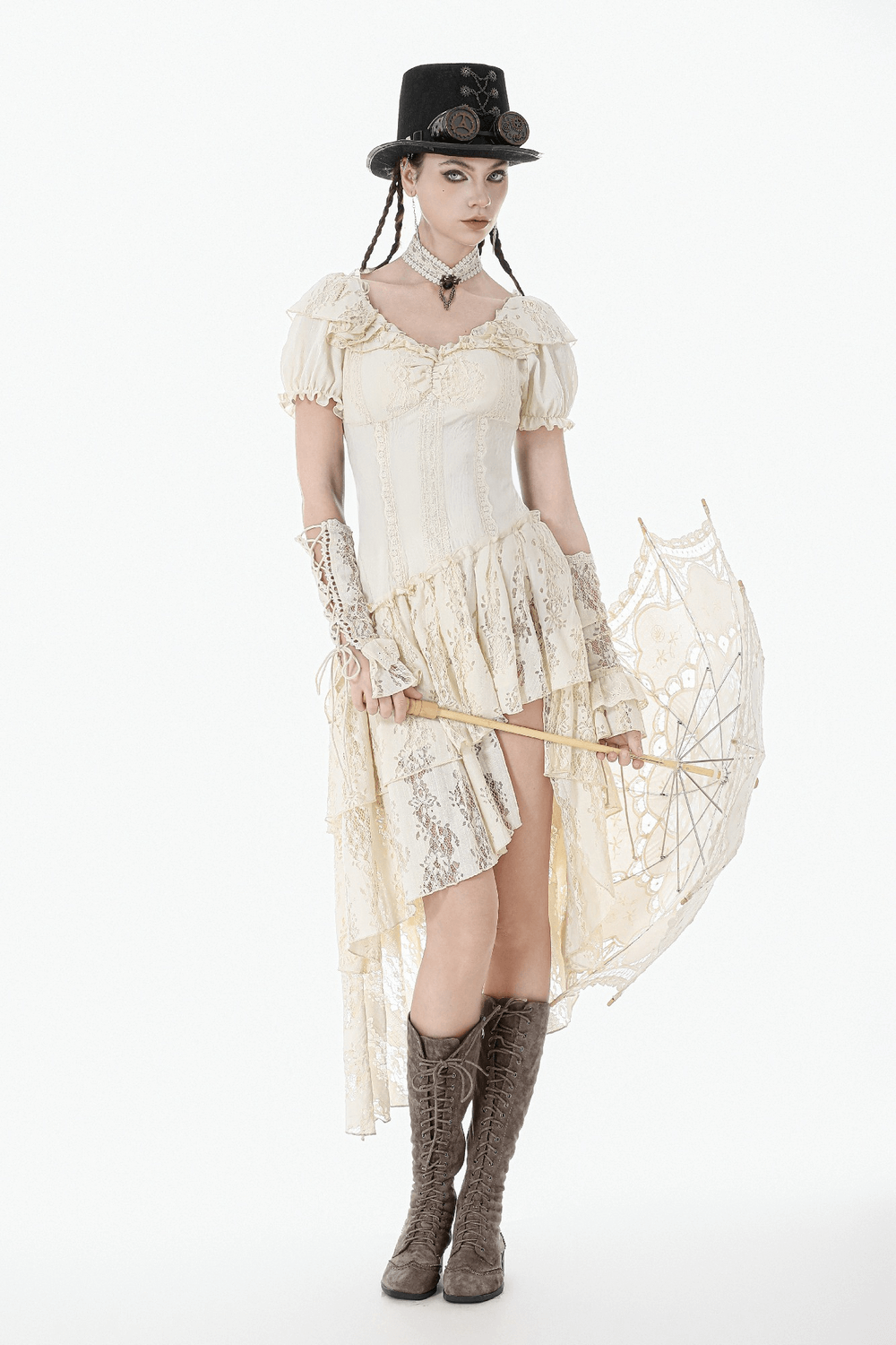 Lace Corset Dress with Puff Sleeves and Tiered Skirt styled with a steampunk hat and parasol for a whimsical look.