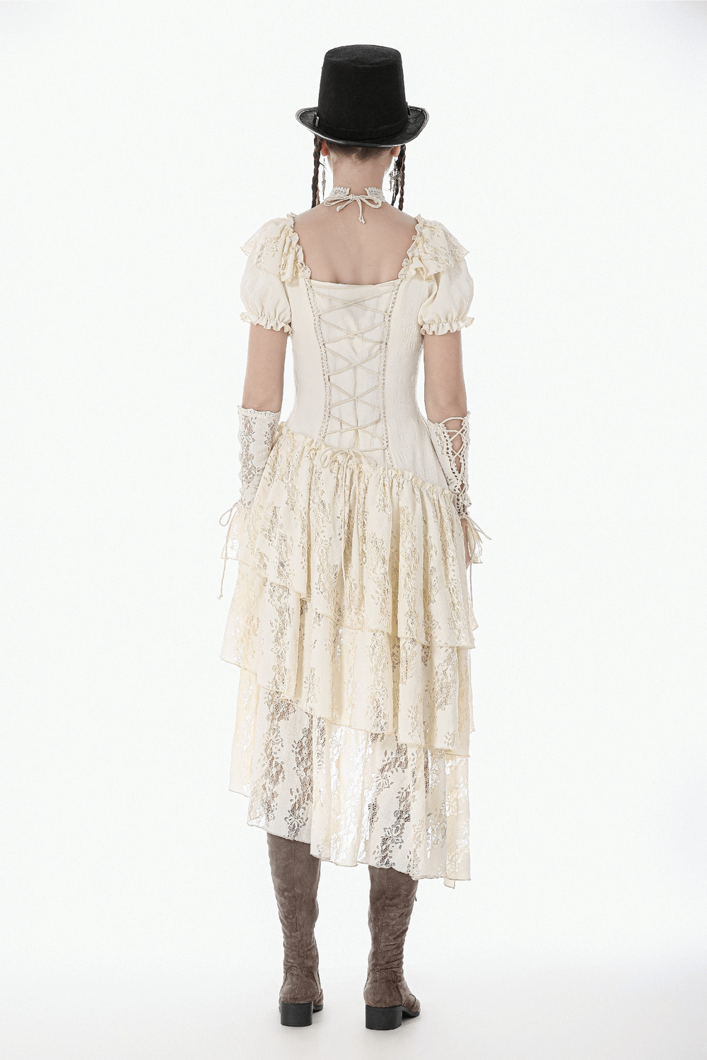 Lace Corset Dress with Puff Sleeves and Tiered Skirt showing a detailed back with a lace-up design and layered lace skirt.