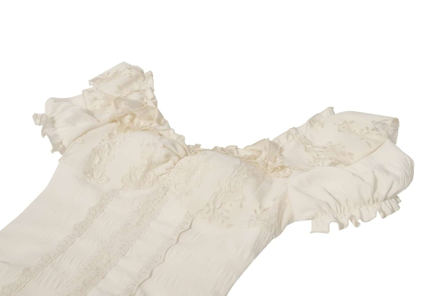 Lace Corset Dress with Puff Sleeves and Tiered Skirt showcasing intricate lace detailing and elegant puff sleeves.
