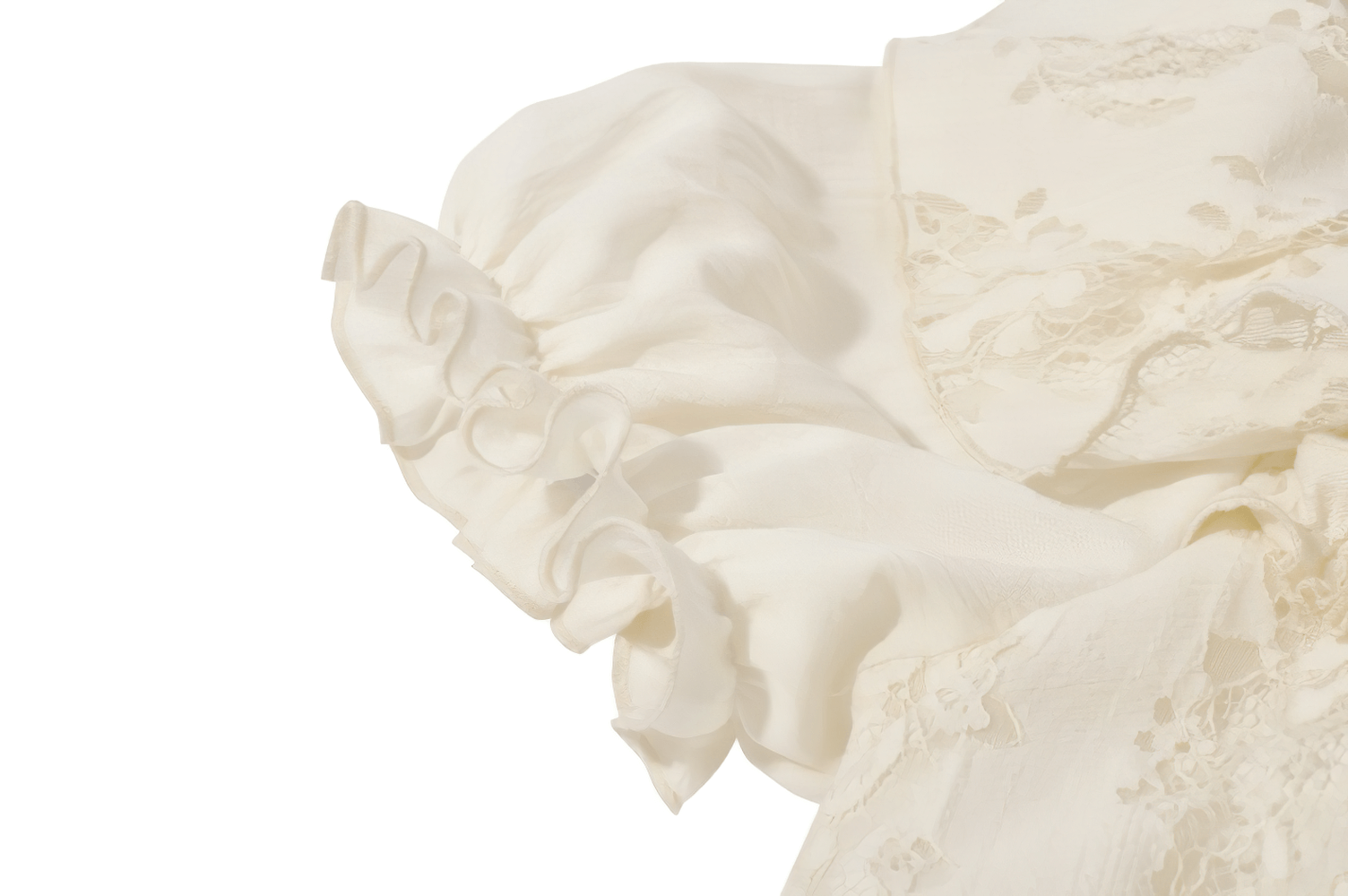 Lace Corset Dress with Puff Sleeves and Tiered Skirt sleeve detail featuring delicate lace and ruffled cuffs in ivory.