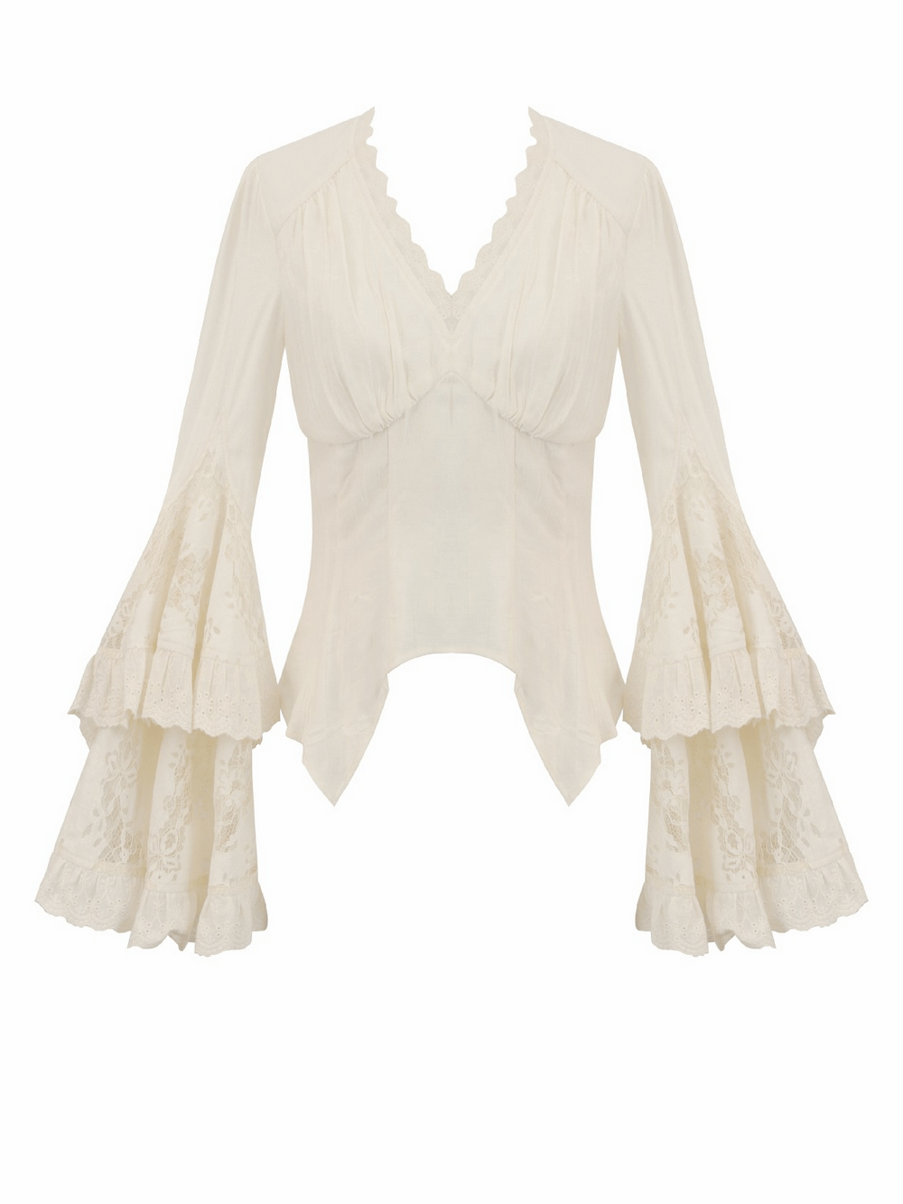 Lace Detail Gothic Bell Sleeved Top with Corset Back showcasing voluminous lace bell sleeves and elegant design.