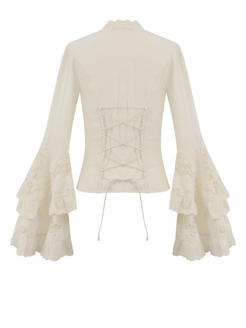 Lace Detail Gothic Bell Sleeved Top with Corset Back showcasing intricate lace trim and elegant bell sleeves.