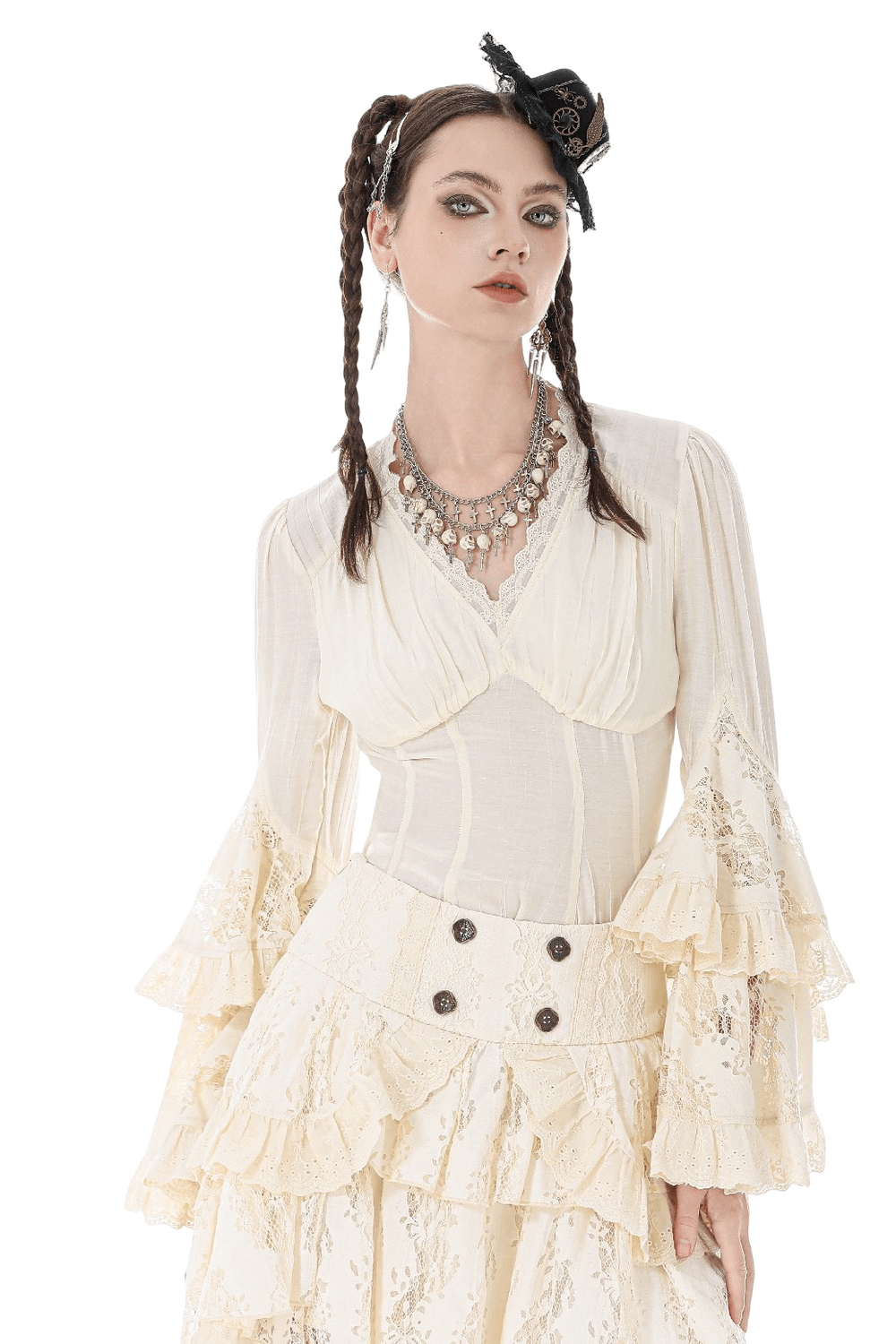 Lace Detail Gothic Bell Sleeved Top with Corset Back worn by model showcasing intricate design and lace trim.