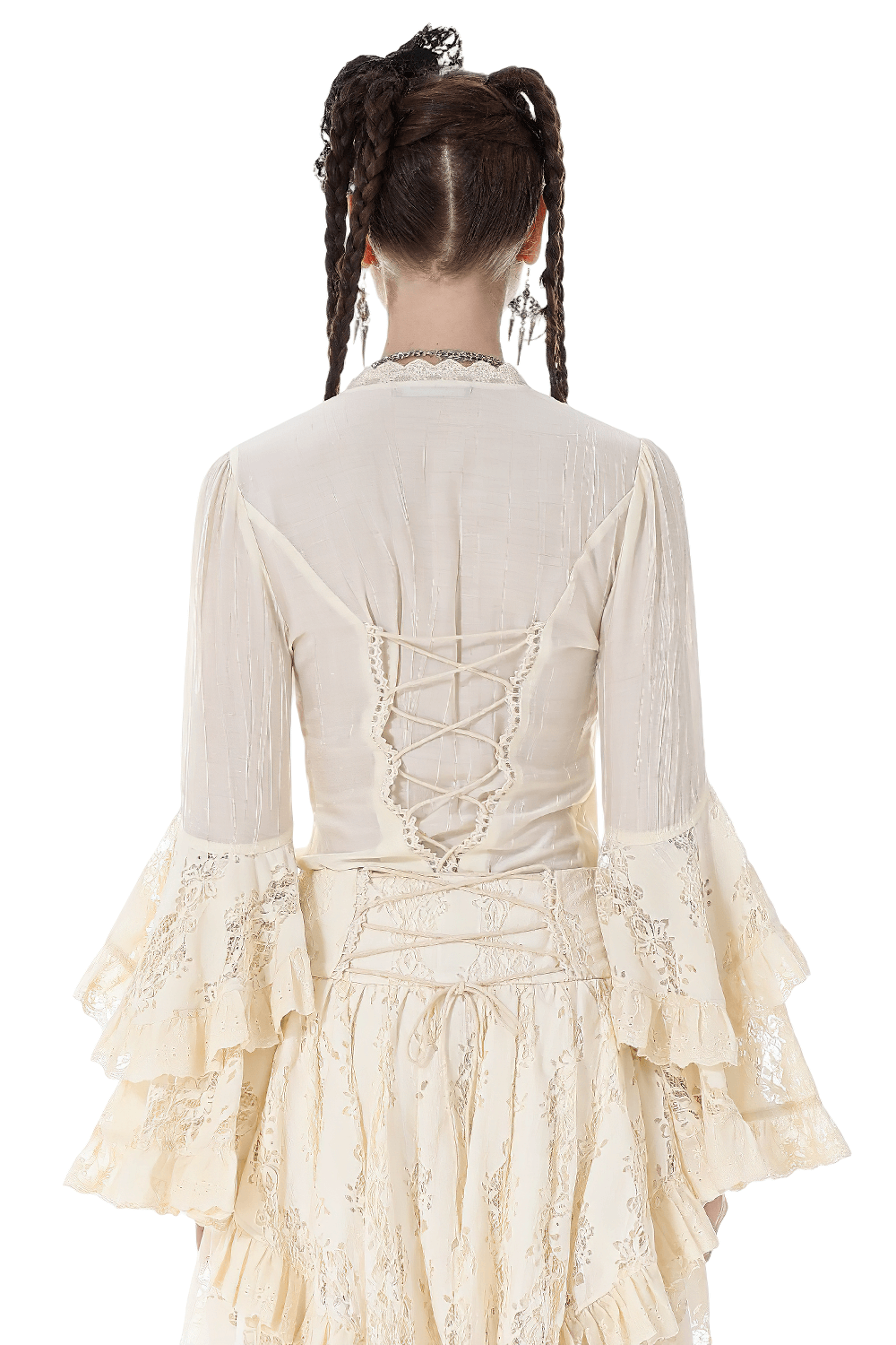 Lace Detail Gothic Bell Sleeved Top with Corset Back showcasing intricate lace and corset back design.