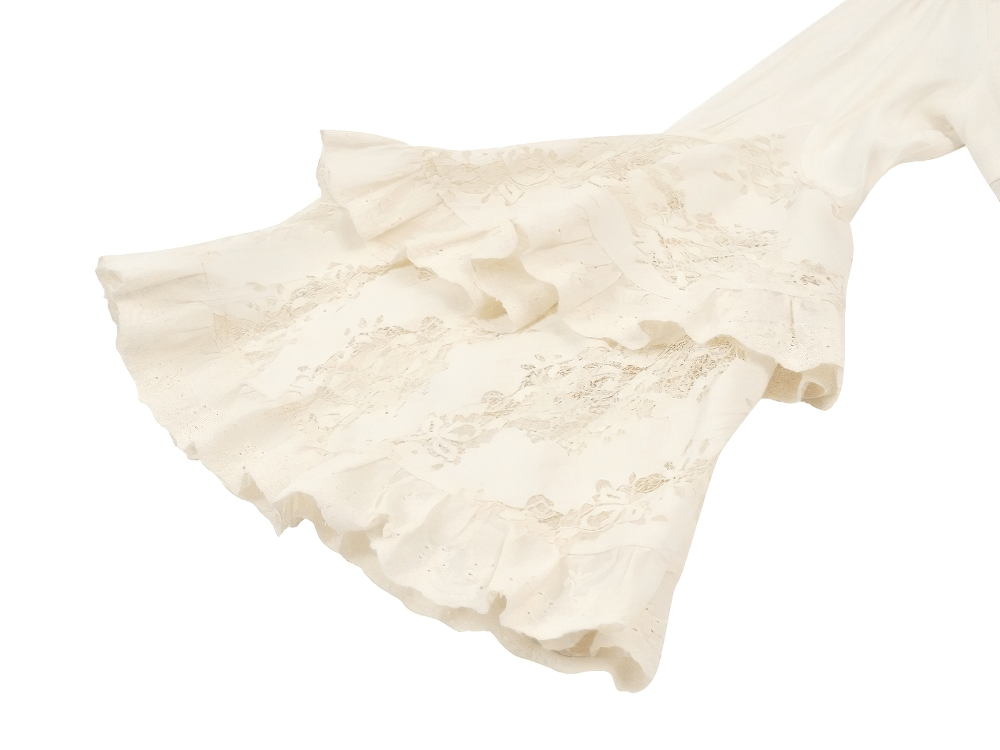 Lace Detail Gothic Bell Sleeved Top with Corset Back showcasing intricate lace trim and dramatic bell sleeves.