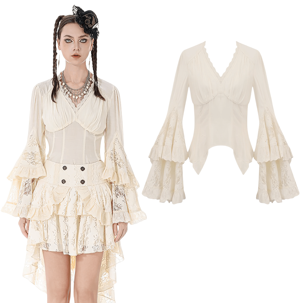 Lace Detail Gothic Bell Sleeved Top with Corset Back worn by model with voluminous bell sleeves and intricate lace trim.
