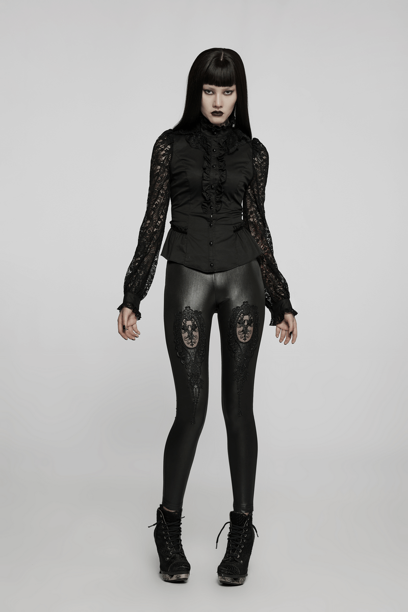 Chic woman in black lace detail high-waist gothic leggings, styled with a gothic blouse and edgy footwear.