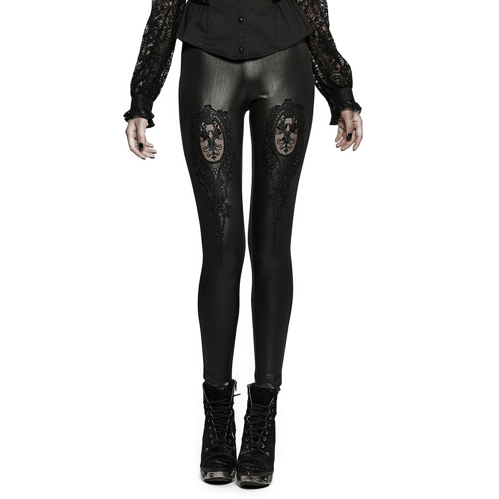 Chic black high-waist leggings with lace detail, perfect for a gothic wardrobe and stylish daily wear.