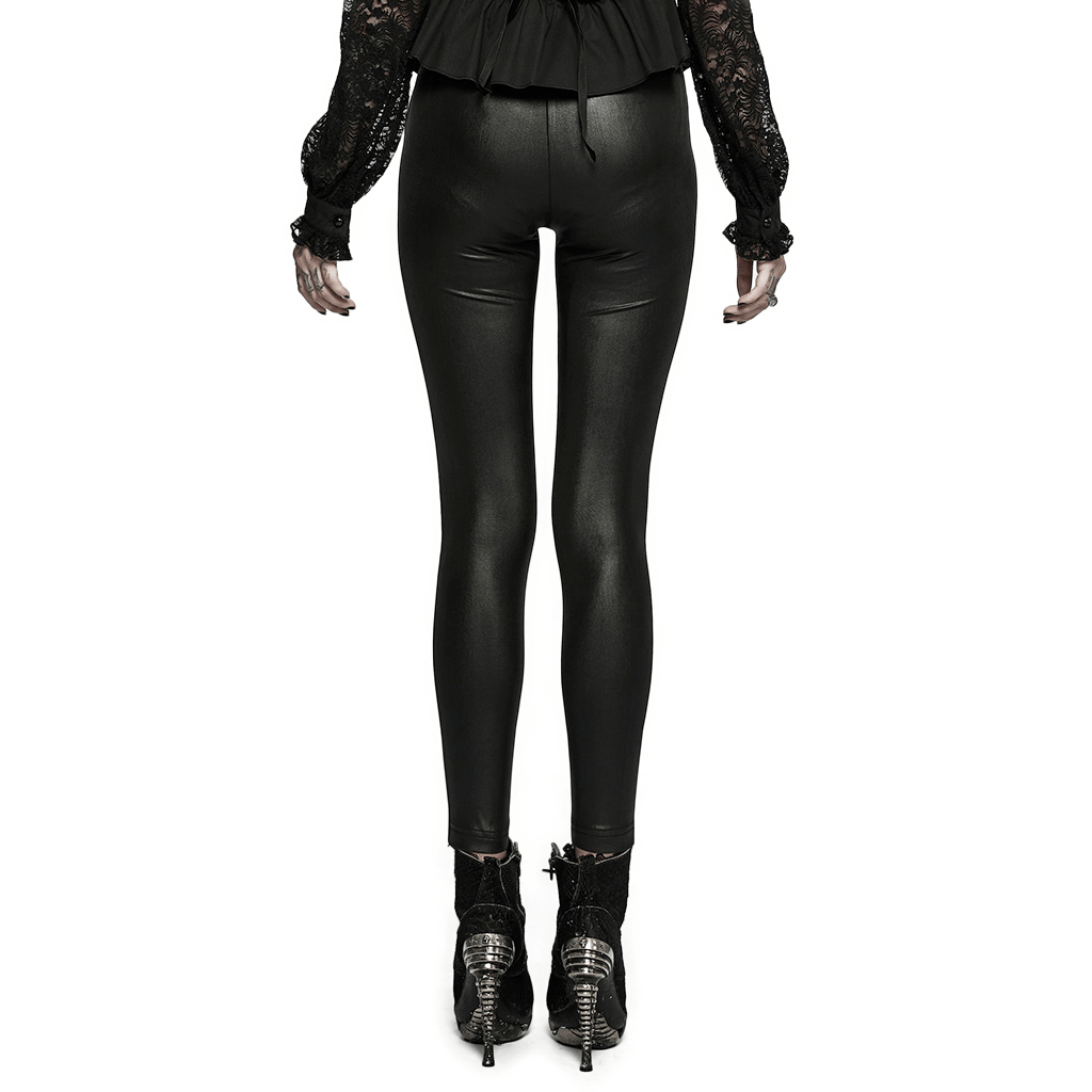 Back view of high-waist black gothic leggings with lace detail, perfect for stylish everyday gothic outfits.
