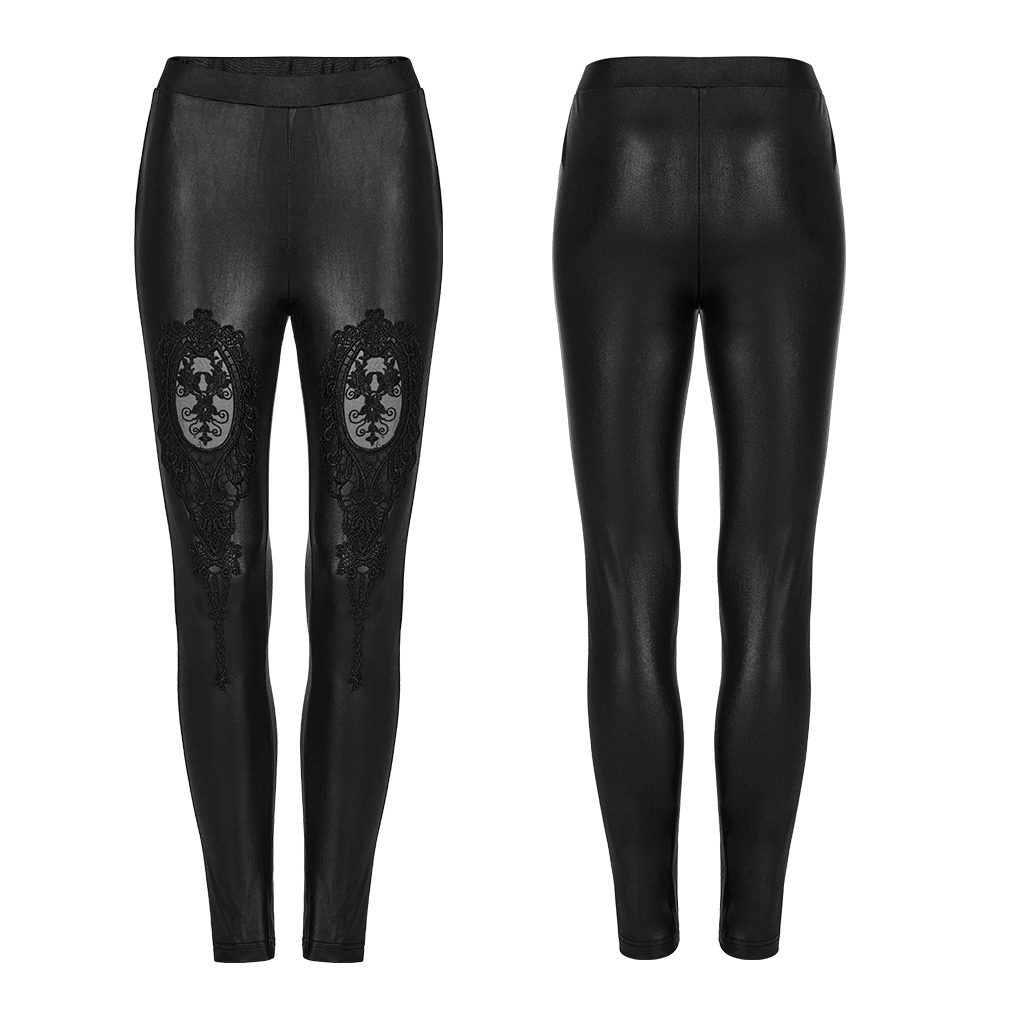 High-waist black gothic leggings with lace accents, perfect for chic goth outfits and daily wear.
