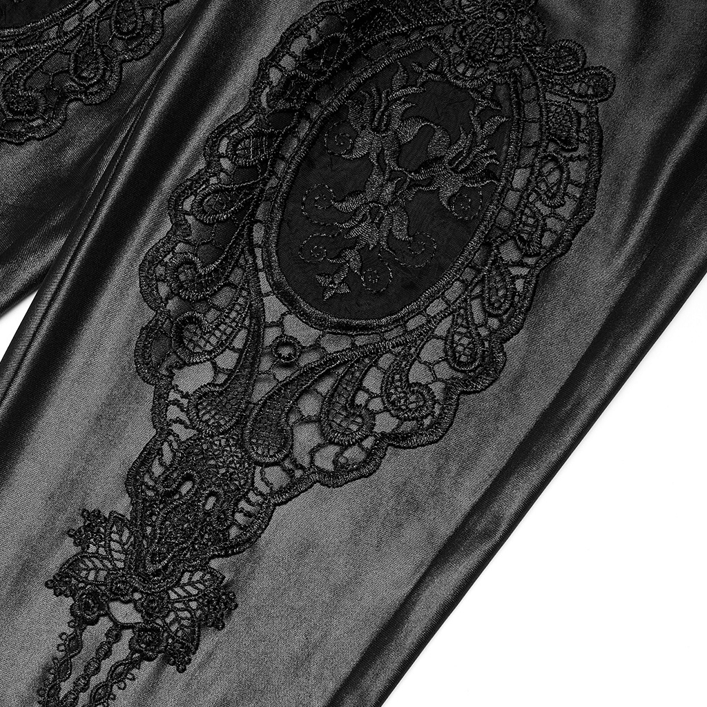 Close-up of lace detail on black Gothic leggings, showcasing intricate appliques for a chic style.