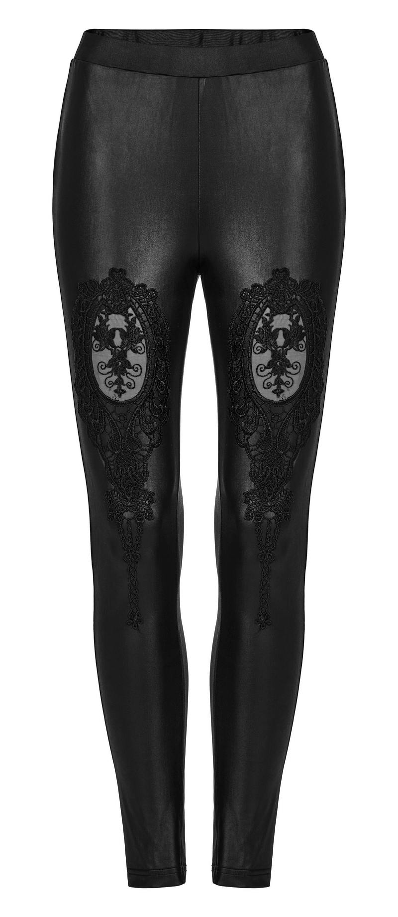 High-waist black leggings with intricate lace detailing and Gothic charm for stylish women.