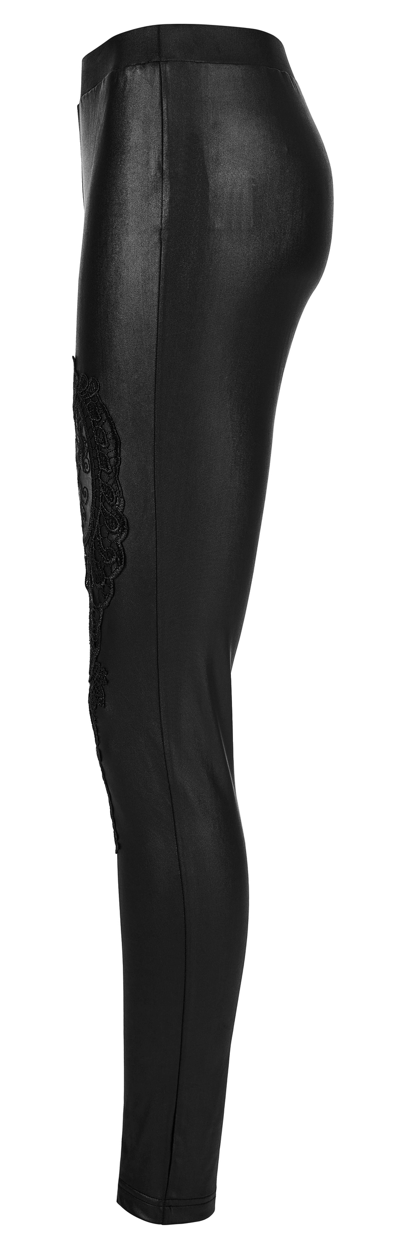 Side view of black high-waist gothic leggings featuring stunning lace detailing, perfect for chic goth styling.